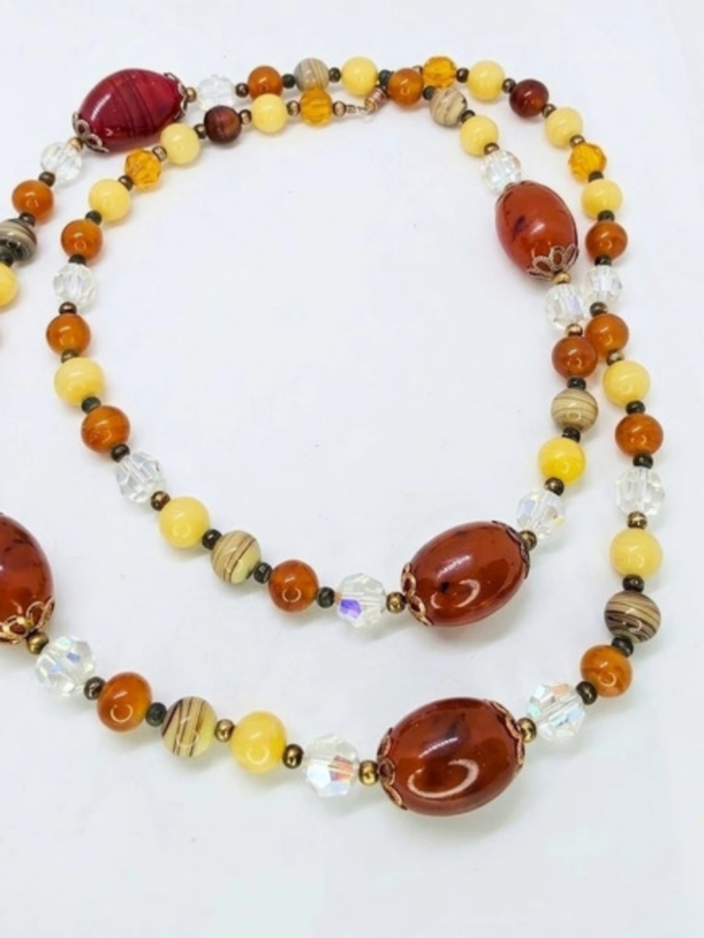 Vrg Natural Amber & Art Slag Glass Bead Long Necklace Butterscotch Autumn Boho